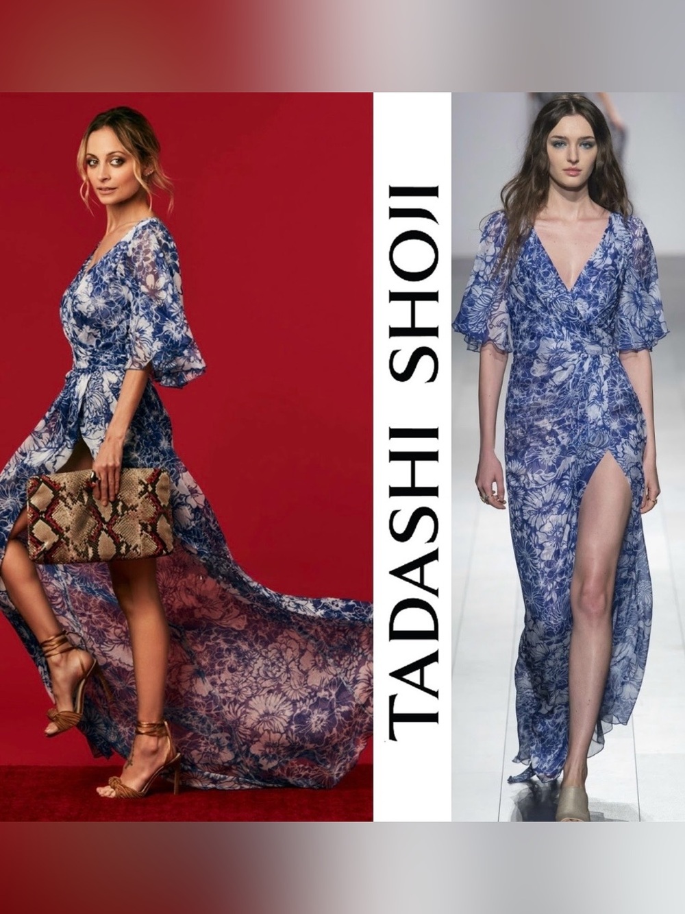 Tadashi Shoji Blue Floral Wrap Maxi Gown